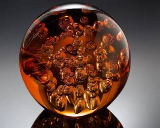 Large Heavy Amber Glass Controlled Bubble Orb Sculpture Paperweight
