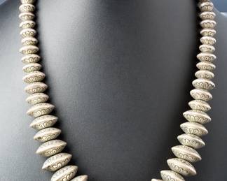 Navajo Native American Hand Stamped Graduated Disc Bead Sterling Silver Necklace