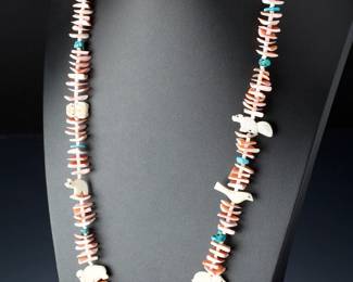 Native American Spiny Oyster Fetish Turquoise Heishi Animal Necklace 31"