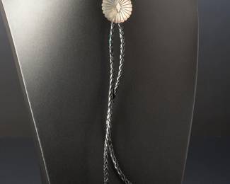 Vintage Native American Style Concho Bolo Tie with Braided Leather Cord