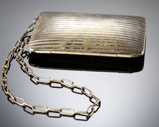 Antique German Silver Multi-Compartment Compact Purse w/ Mirror & Chain