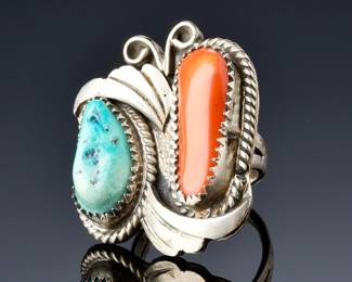 Vintage Navajo Sterling Silver Turquoise Coral Ring Size 6, 12.04g