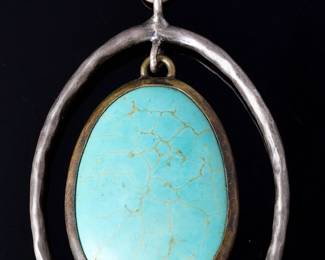 Vintage Handmade Turquoise & Silver-Tone Pendant - Unsigned Artisan Jewelry