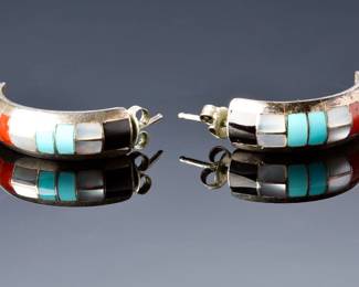 Vintage Native American Sterling Silver Multi Stone Channel Inlay Earrings GT