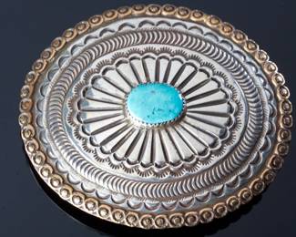 SIGNED M Navajo Sterling Silver & Turquoise Conch Belt Buckle Native American