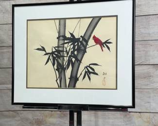 Masako Van Leijenhorst Original Sumi-e Ink Wash Art - Cardinal & Bamboo
