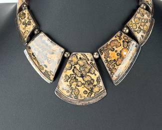 Sterling Silver & Orbicular Jasper Necklace & Earrings Set, 16.5" Long