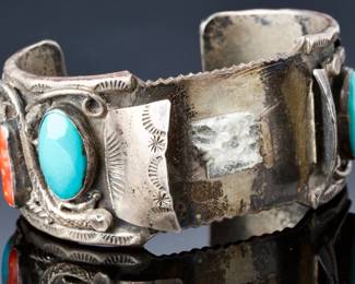 Vintage Navajo Sterling Silver Turquoise Coral Watch Cuff Bracelet 108g
