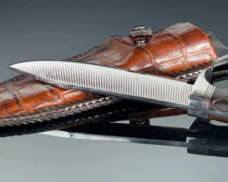 Custom Hunting Knife w/ Unique Textured Blade, Exotic Wood Handle & Alligator Sheath