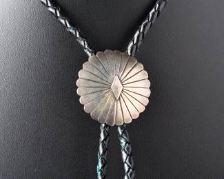 Vintage Native American Style Concho Bolo Tie with Braided Leather Cord