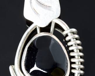 Bold Sterling Silver Modernist Abstract PENDANT WITH Black Stone - Signed 925
