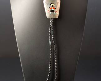 Vintage Zuni Multi Stone Inlay Kachina Dancer Native American Bolo Tie Sterling