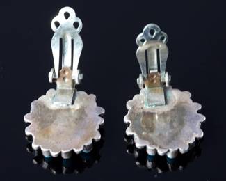 Vintage Zuni Petit Point Turquoise Cluster Clip-On Earrings Sterling Silver