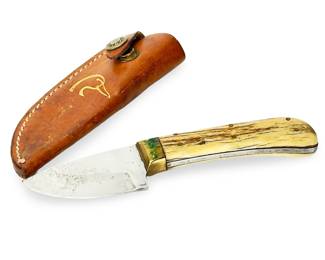 Vintage Custom Fixed Blade Skinner Knife, Bone Handle, Ducks Unlimited Sheath