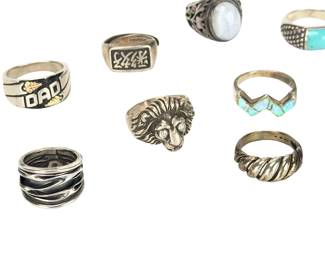Vintage Sterling. &Costume Ring Lot (9 Pcs) - Turquoise, Opal, Lion Head