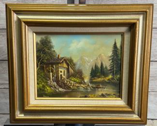 Signed Moser Original Oil Painting, Alpine Water. MillLandscape, Framed Art