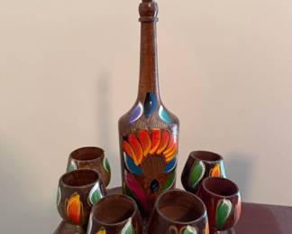 Vintage Hand Painted wooden decanter and cordial set