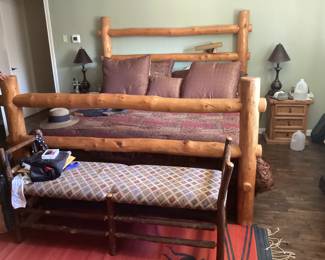 King size log bed and mattress  vintage Birchwood bench