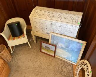 Wooden chest on stand, child’s wicker rocker