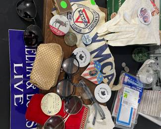 Many pins, coin purses, YMCA pennant, two pairs women’s gloves vintage, etc