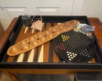 Wooden Mancala Board and Chinese Checkers Set with Marbles and Decorative Tray