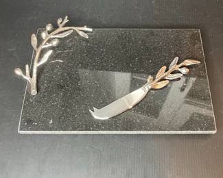 Michael Aram Olive Branch Black Granite Cheese Board with Knife