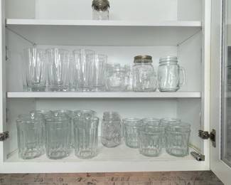 Assorted Glassware Mason Jars, Tumblers, and Ribbed Glasses