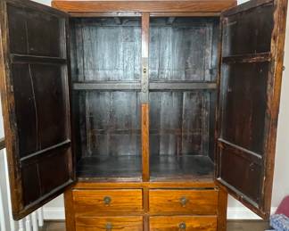 Antique Chinese Wedding Cabinet with Elm Wood and Brass Hardware