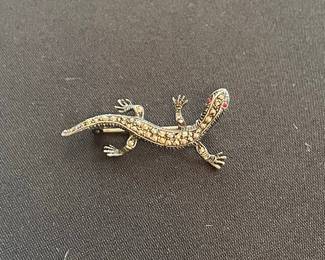 Sterling Silver Lizard Brooch with Marcasite and Garnet Eyes
