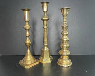 Set of Three Brass Candlesticks  Varied Styles