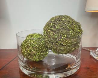 Decorative Twig Balls with Green Accents in Glass Vase