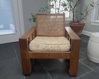 Arts and Crafts Style Oak Armchair with Cane Back and Upholstered Seat Vintage 