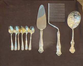 Sterling Silver Cake Server, Pie Knife, and Demitasse Spoons Set