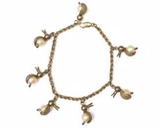 k Gold Charm Bracelet with Pearl and Textured Duck Charms