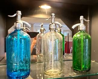 Vintage Blue Glass Seltzer Bottle with Metal Dispenser