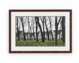 Framed Photograph of the Beguinage in Bruges with Daffodils