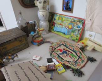 More art, antique bottle, matches, vintage toys