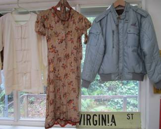 Vintage Rayon dress, Piedmont Airlines jacket, vintage street sign