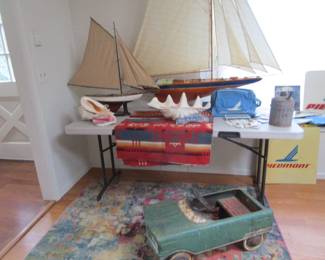 Vintage Pedal car, Giant clam shell, 2 ships, and some Piedmont airline