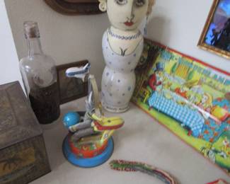 Antique bottle, vintage Alice paint set, art and more