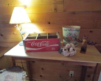 Vintage coke box, vintage waste can, vintage totem and table