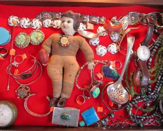 Celluloid football player and some of jewelry case