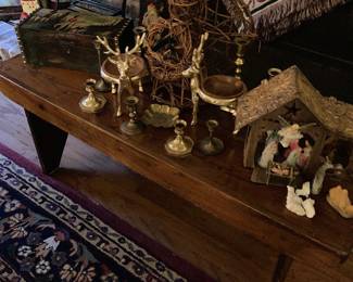 Pine Bench Table Brass pieces Nativity