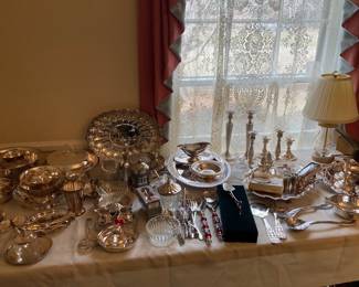 Silver Candle sticks Trays Reverve Bowls Salt and Pepper shakes 