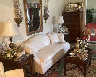 Off white Damask sofa wing chair Butlers Coffee Table Antique Mirror