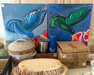Vintage Pottery, Romertopf Clay Bake Ware, Hummingbird Paintings
