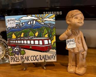 VIntage Lee Bortin Style Clay Sculpture, Pikes Peak Cog Railway Decorative Ceramic Tile