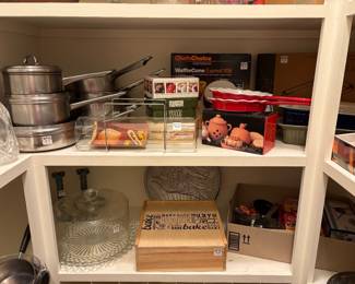 Stoneware Baking Dishes, Stainless Steel Cookware, Robert Dennison 1995 Pewter Eagle Bowl, Pressed Glass Cake Plate