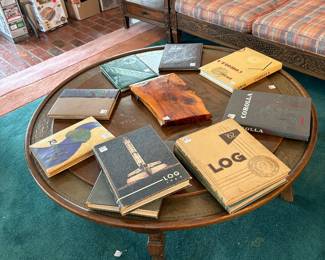 Vintage Annuals, Cedar Wood Clock, Vintage Coffee Table, Vintage Romweber Viking Oak Sofa