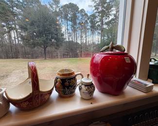 Ceramic Apple Cookie Jar, Porcelain Trinket Trays, Vintage French Milk Glass Mustard Jar, Vintage Ceramic Beer Stein, Fitz & Floyd Ceramic Basket